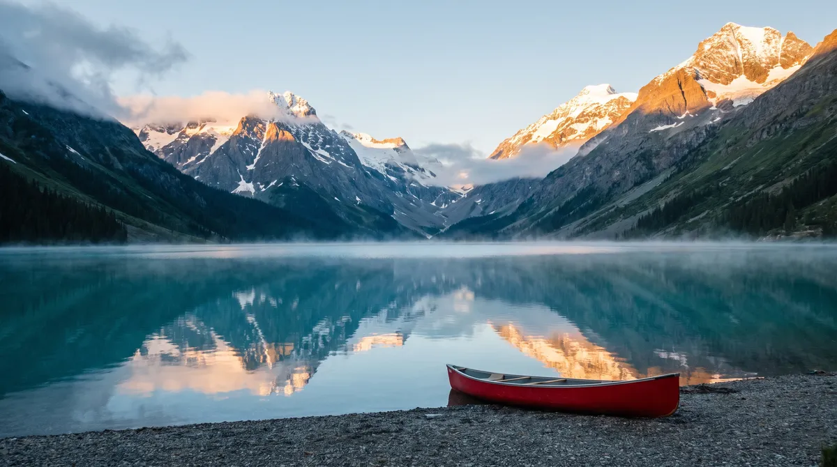 Still photo of a misty alpine lake at sunrise with a red canoe on the shore, used as the source image to animate