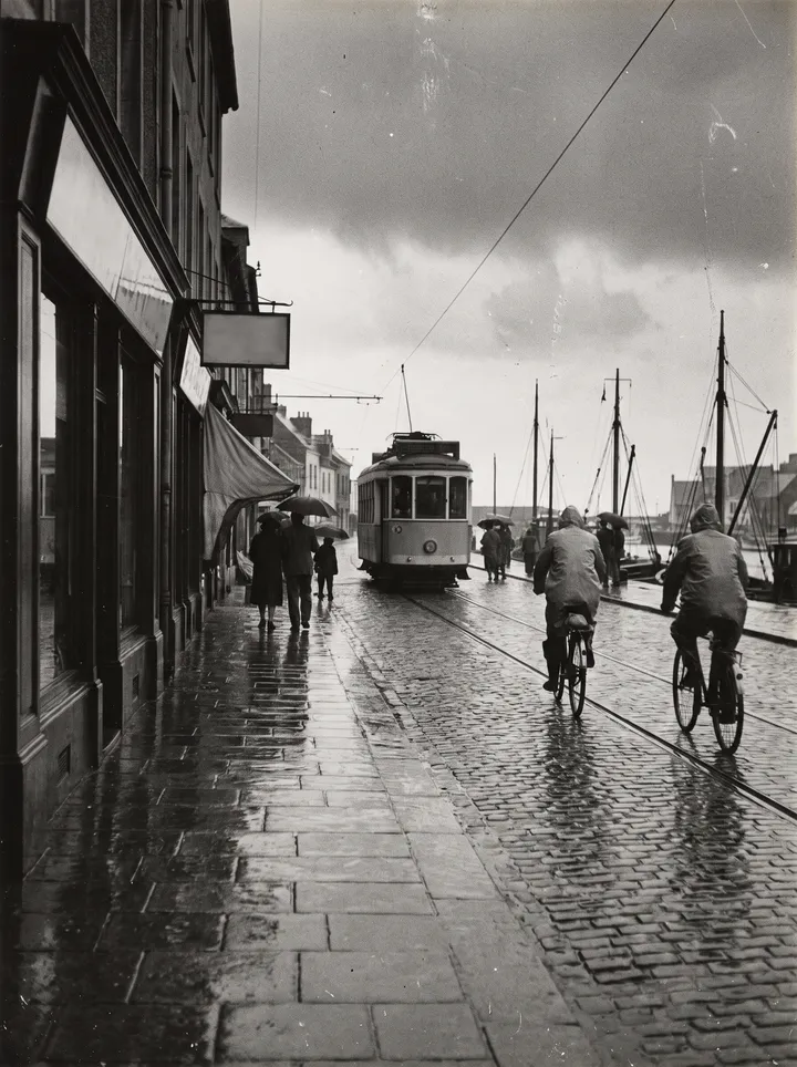 Black and white vintage street photo of a harbor town after rain with a tram and cyclists, before animation