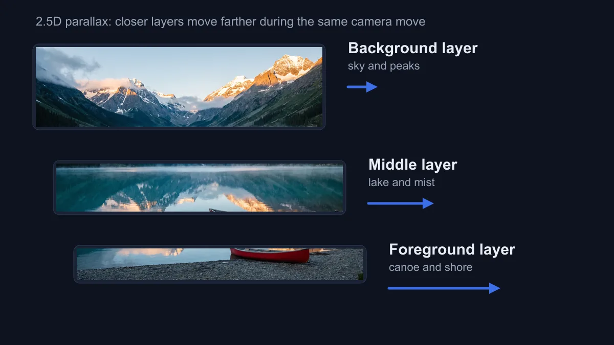Diagram of a 2.5D parallax effect showing background, middle and foreground layers of a photo moving different distances