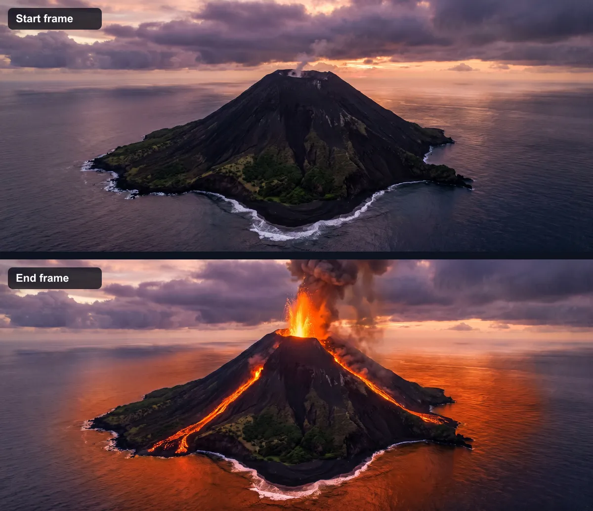 Start frame of a dormant volcanic island and end frame of the same island erupting, used to animate a photo with first and last frame control