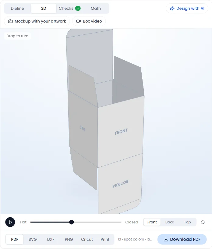 3D fold preview of a reverse tuck end box halfway between flat and closed in the Pack AI Studio dieline generator