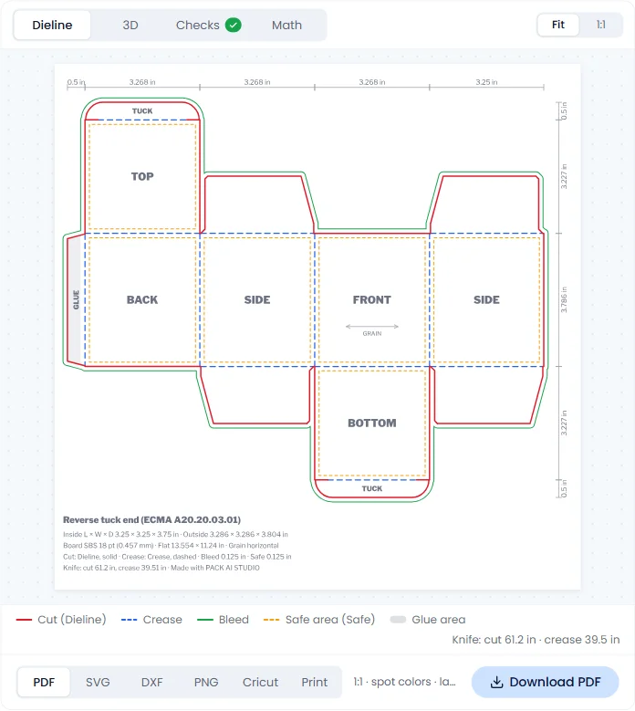 Box dieline for a candle box made with the free Pack AI Studio dieline generator, showing cut, crease, bleed and safe area lines