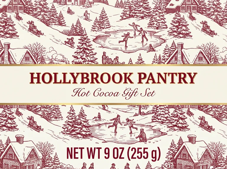 Holiday hot cocoa gift box with a winter village pattern, an idea for a holiday unboxing video