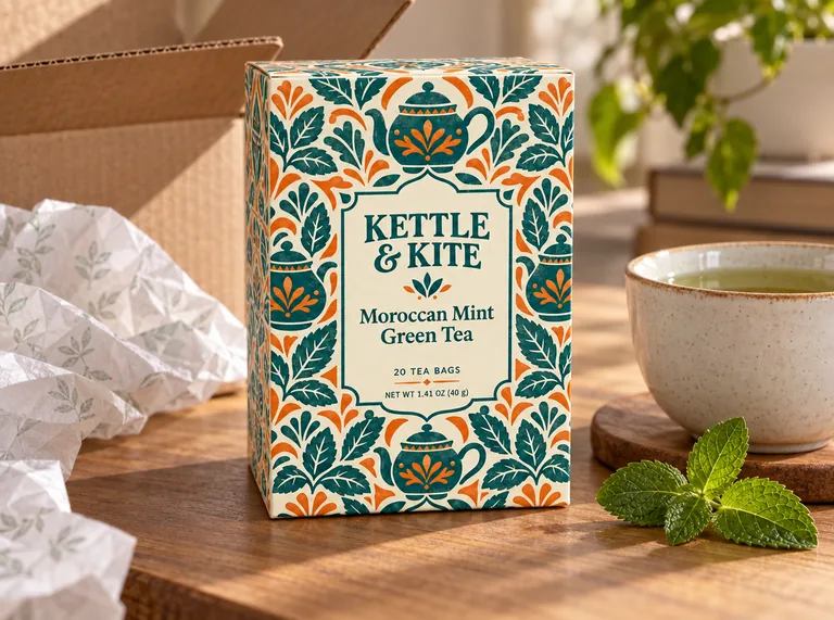 Tea box packaging mockup in an unboxing scene with a kraft mailer box and tissue paper, an example for planning an unboxing video
