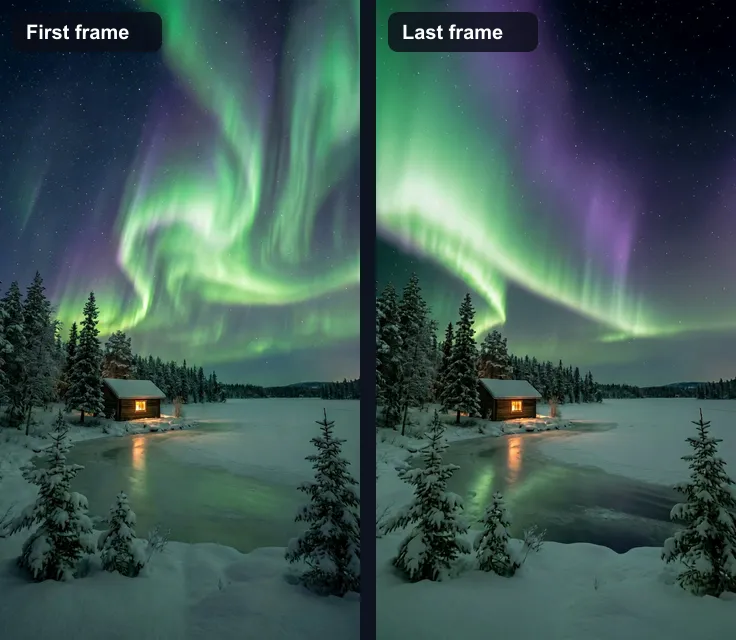 First and last frame of an AI clip showing the camera drifting toward the cabin despite a static camera prompt