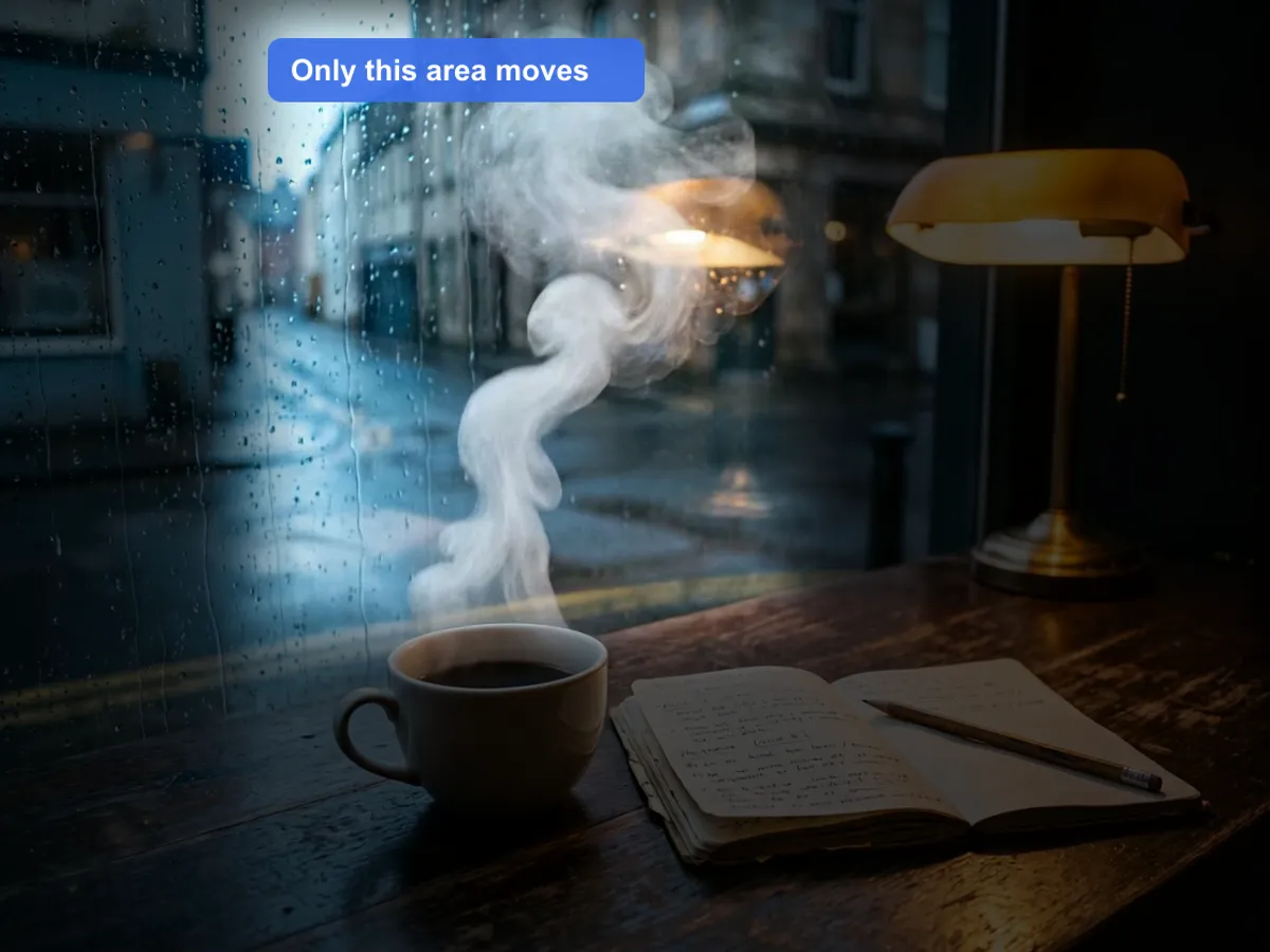 Cinemagraph mask diagram showing the steam area that moves and the darkened area that stays frozen