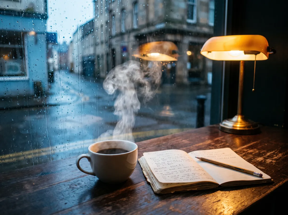 Still photo of a coffee cup with rising steam on a cafe table by a rainy window, used to make a cinemagraph