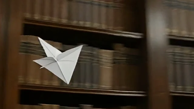 Video frame extractor output: frame 25 of a paper airplane flying through a library