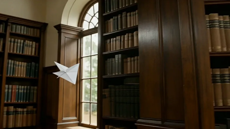 Video frame extractor output: frame 0 of a paper airplane flying through a library