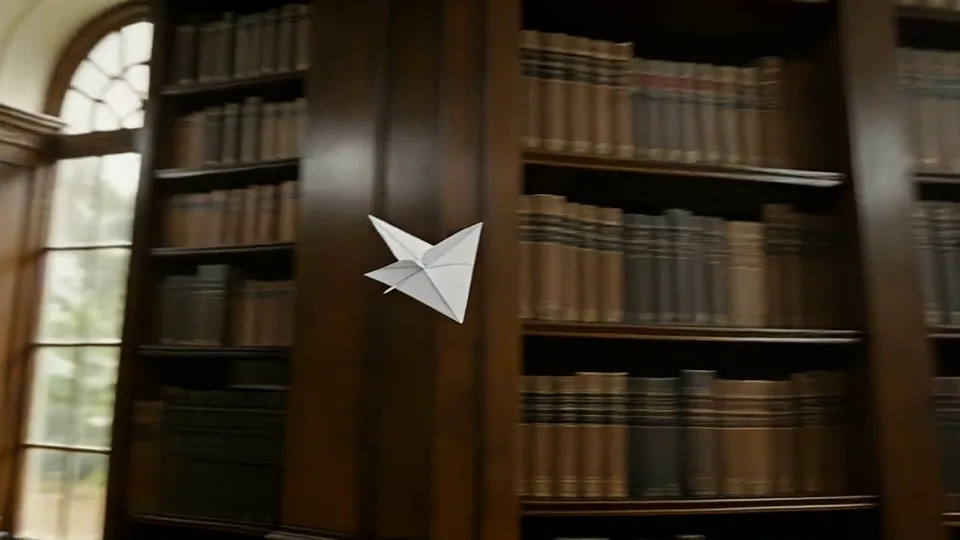 Video frame extractor output: frame 19 of a paper airplane flying through a library