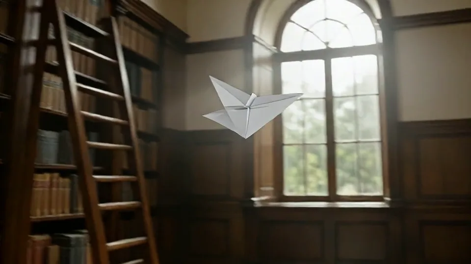 Video frame extractor output: frame 58 of a paper airplane flying through a library