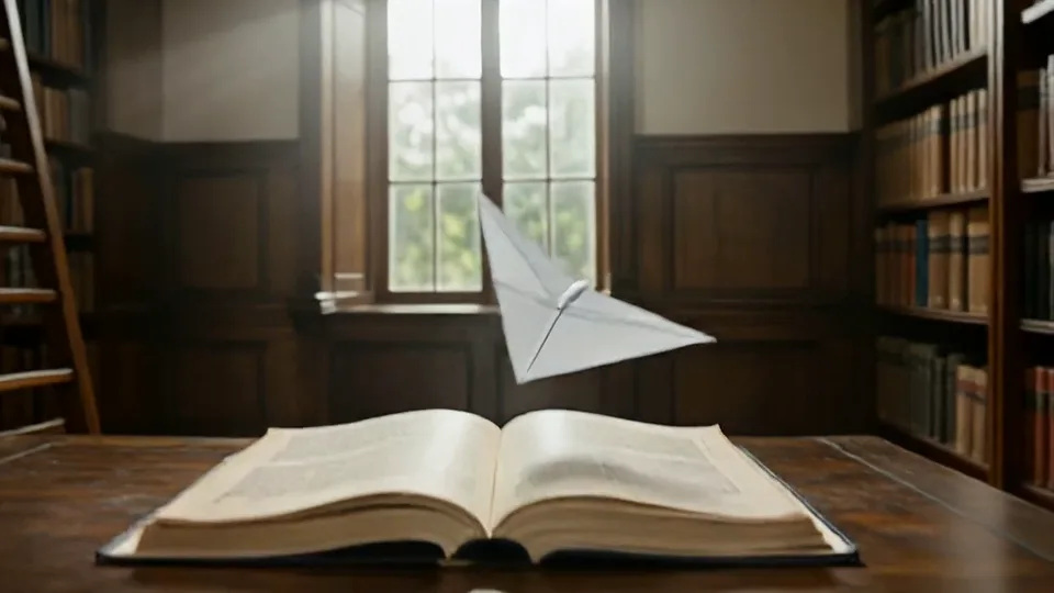 Video frame extractor output: frame 77 of a paper airplane flying through a library