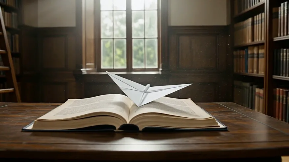 Video frame extractor output: frame 96 of a paper airplane flying through a library